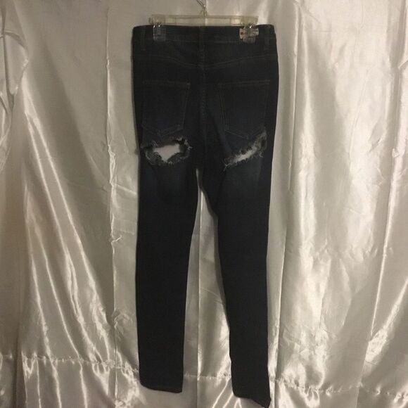 Machine Front Back Destroyed  Dark Wash High Waist Skinny Jeans 5 - Picture 2 of 4